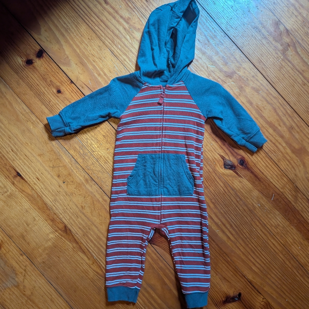 Carter's Gray and Rust Striped Hooded One Piece Romper Jumpsuit 12 Month